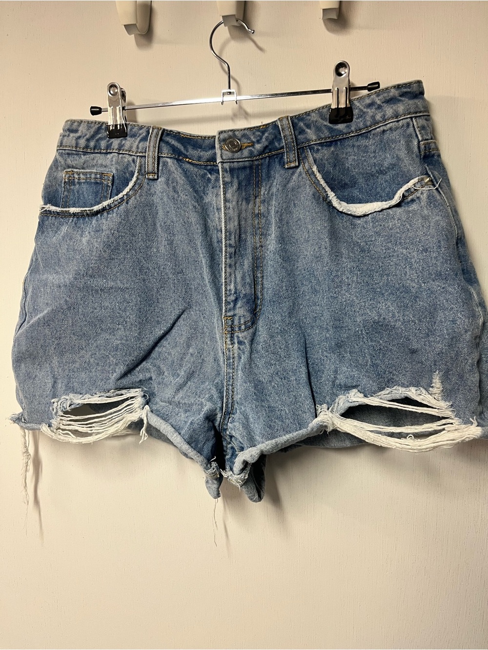 Missguided Light Blue Distressed High-Waist Denim Shorts
